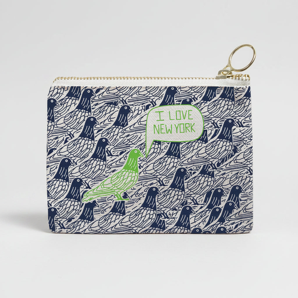Small pouch with a pattern of black pigeon and a green speech bubble saying &