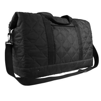 Black Lightweight Woobie Weekender Bag Angle/Side view opened with personal items shown inside