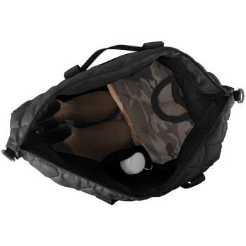 Black Lightweight Woobie Weekender Bag Top view opened with personal items shown inside