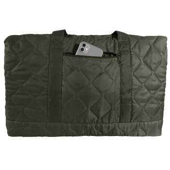 Dark Green Lightweight Woobie Weekender Bag side view on white background with cell phone in front pocket sticking out