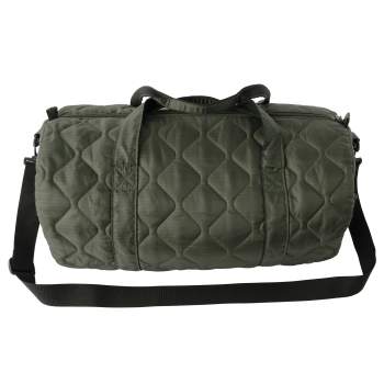 Side view of dark green duffel bag with shoulder strap in front