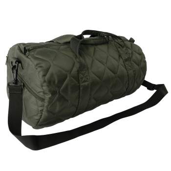 Side view of green duffel bag with long shoulder strap