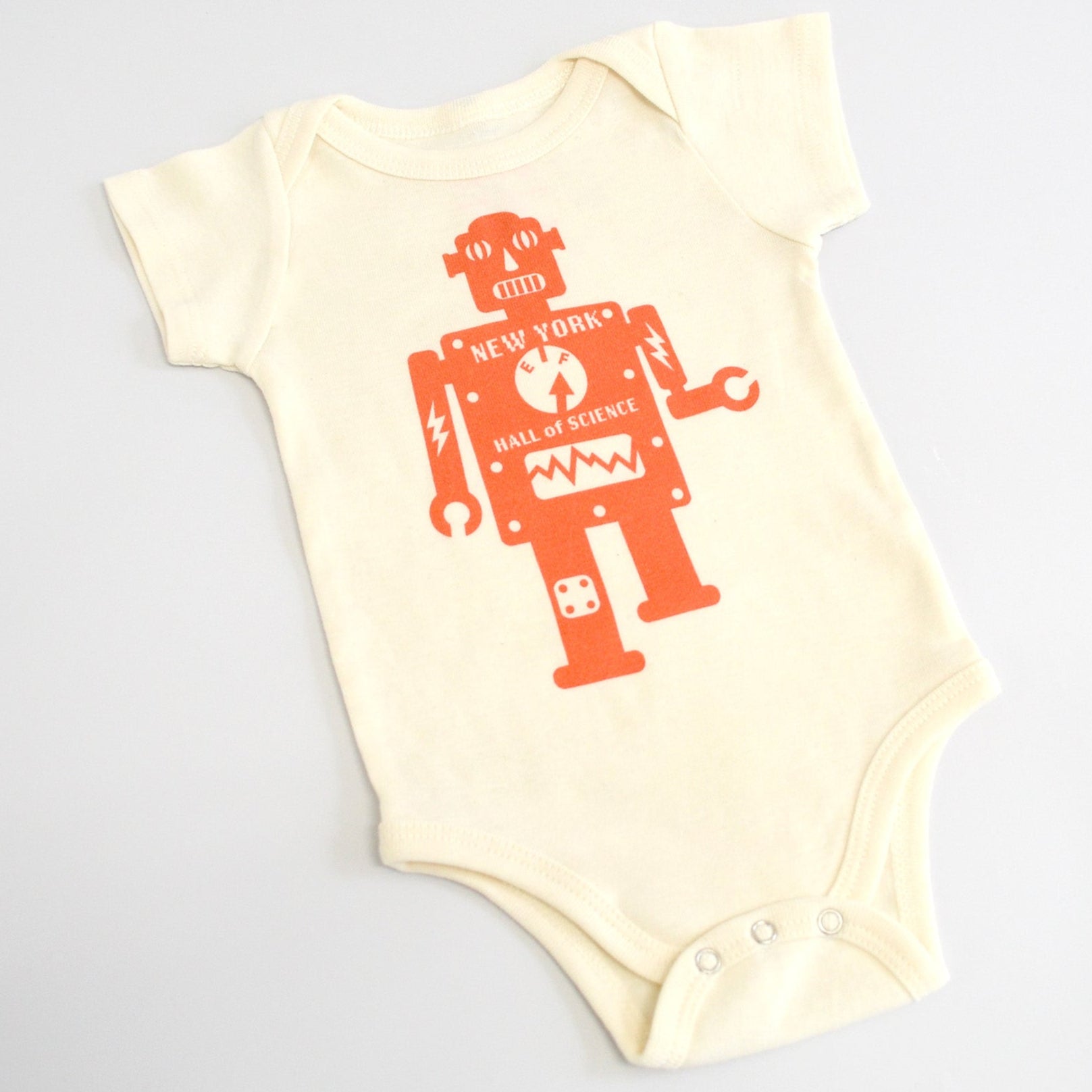 onesie with vintage orange robot graphic