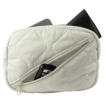White crossbody day bag showing open zippers