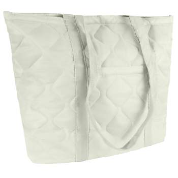 side view of a white tote bag with embroidered pattern