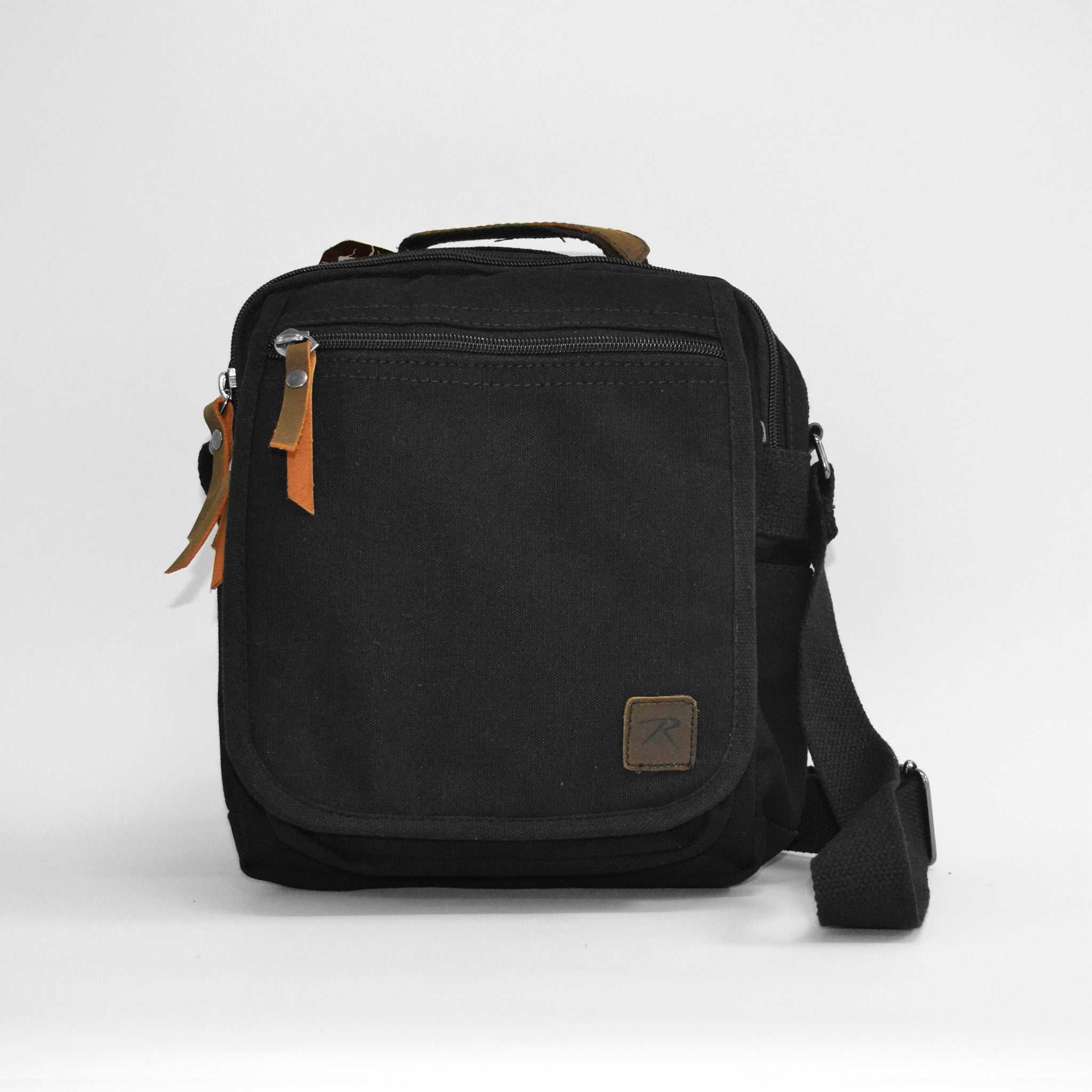 Black bag with a zipper, front facing