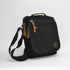 Black bag with a front zipper and a slightly larger zipper facing a little to the right