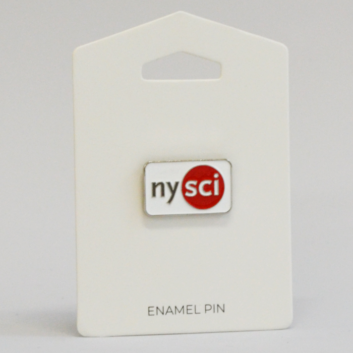nysci branded enamel pin on a card with white background