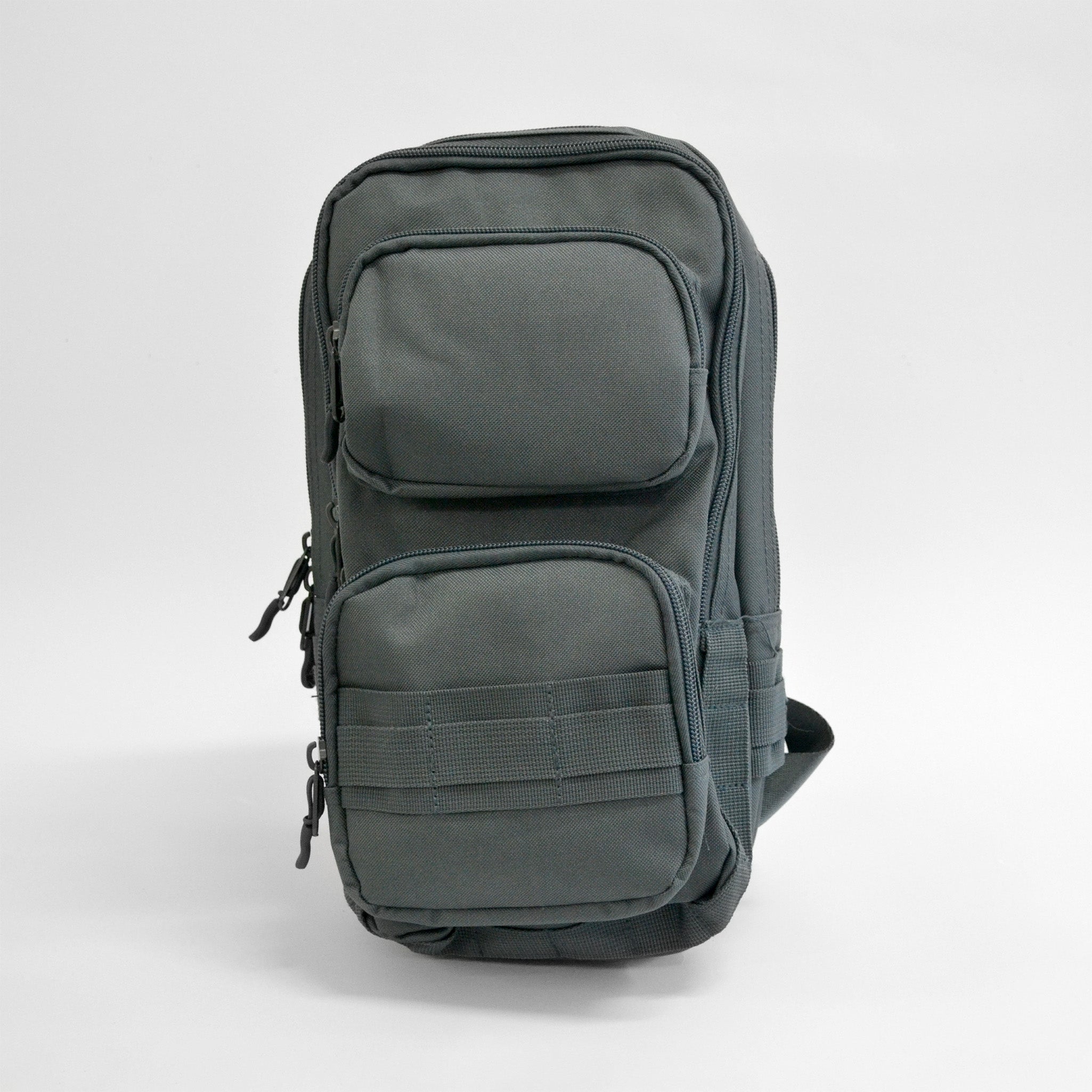 gray bag with two bigger pockets and multiple zippers