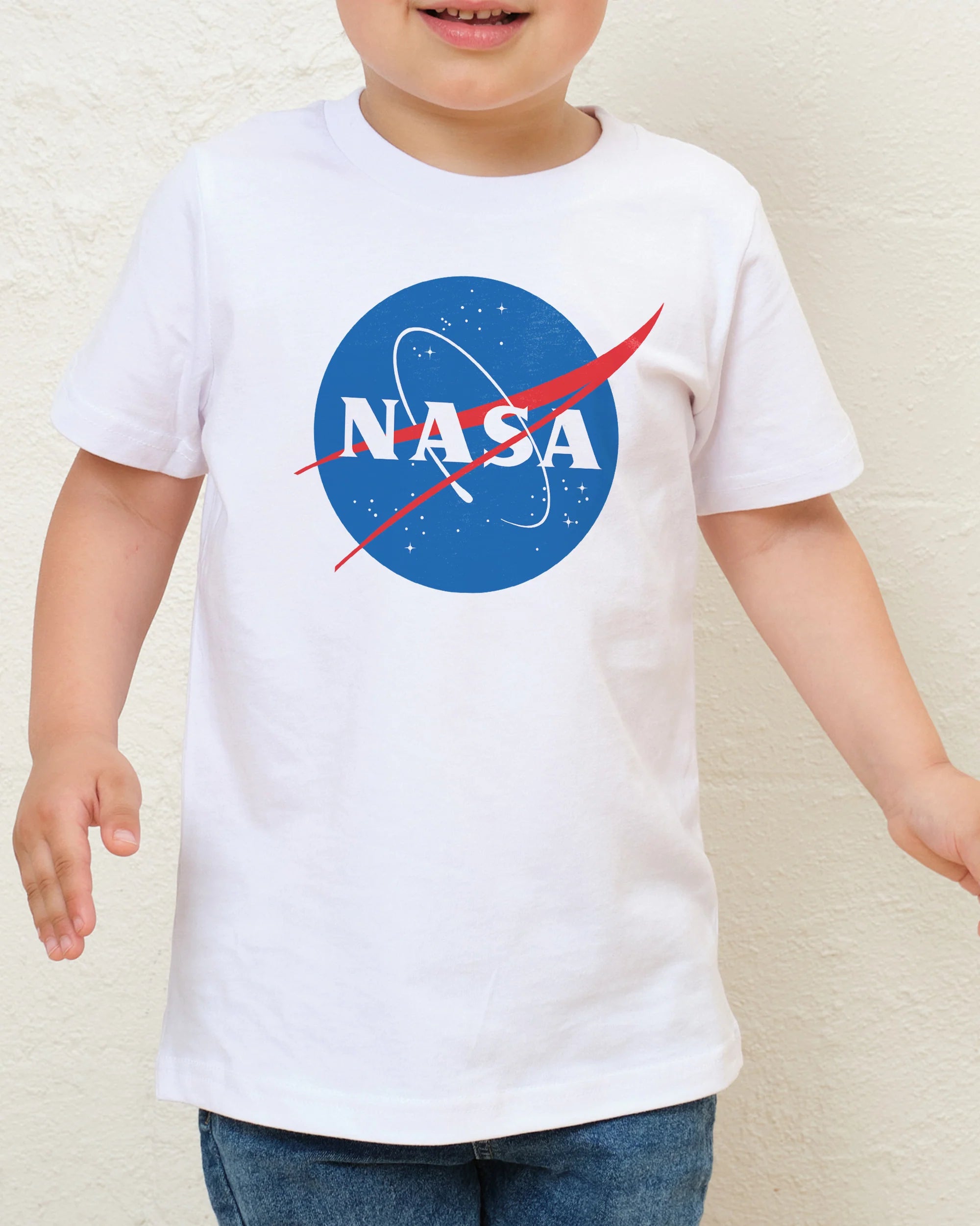 White NASA t-shirt with meatball logo on a toddler