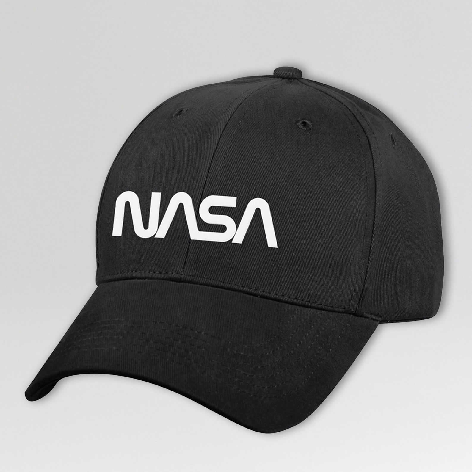 Black baseball cap with worm NASA logo on the front