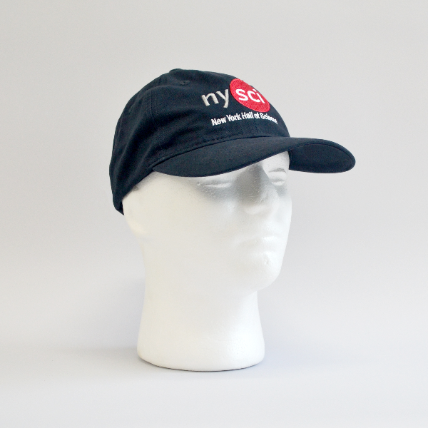 Blue baseball cap with nysci logo on mannequin head - side view