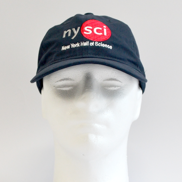 Blue baseball cap with nysci logo on mannequin head - front view