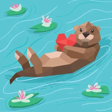 Page of the book with all colors filled in revealing a floating animal holding a red heart