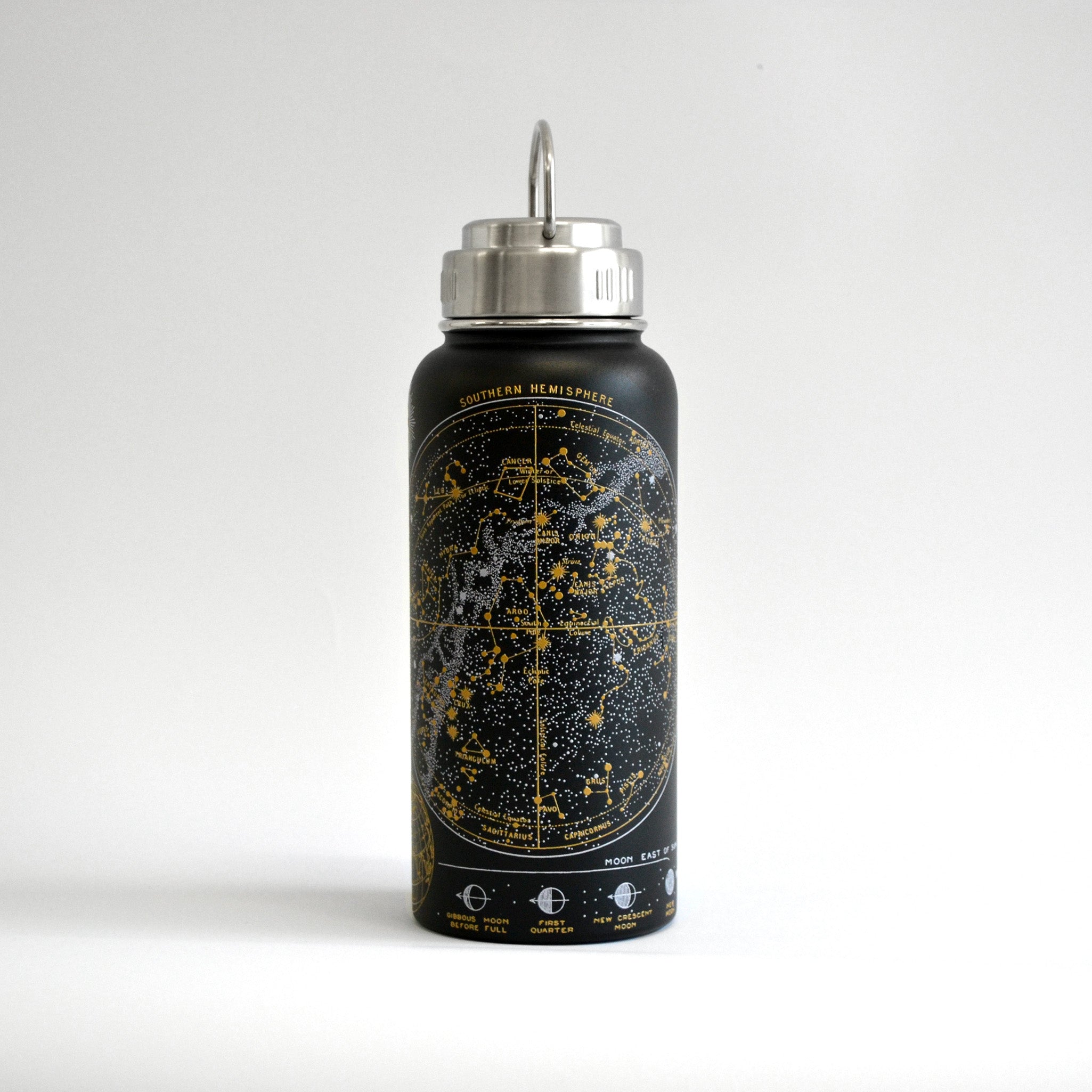 Water bottle in black with constellations on it in white and gold on white background