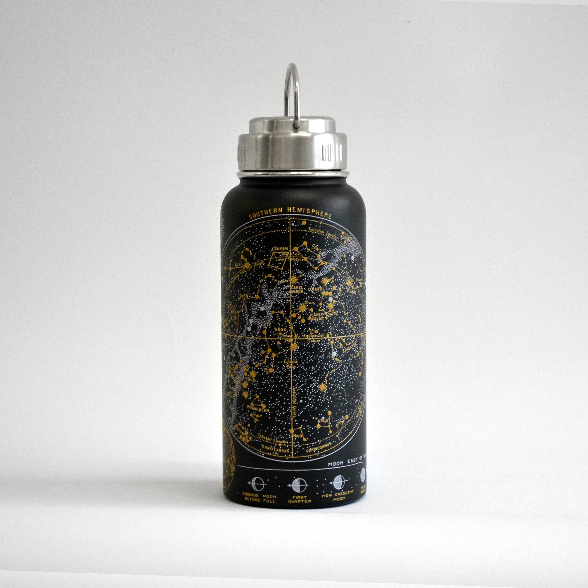 Water bottle in black with constellations on it in white and gold on white background