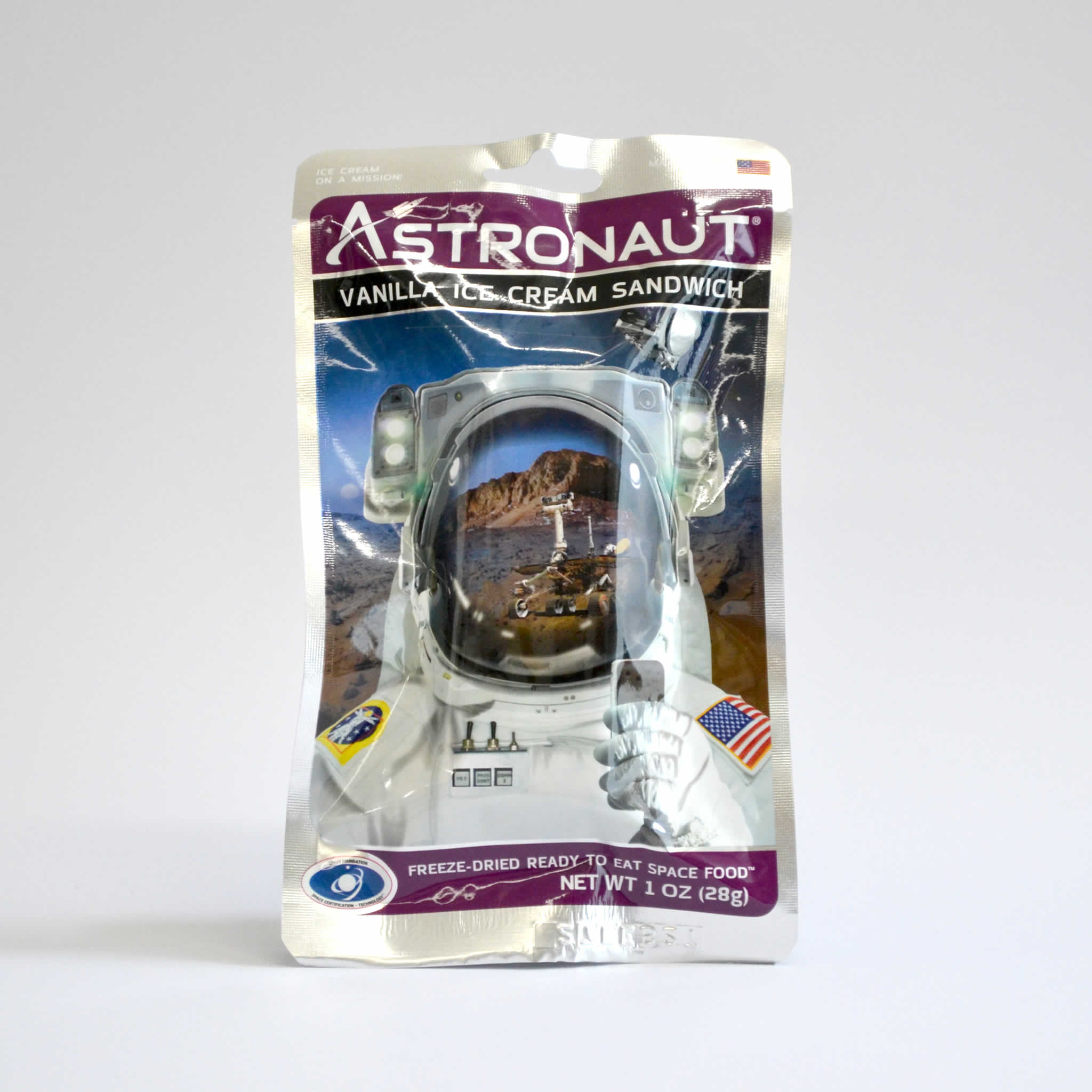 Silver package of Vanilla Astronaut Ice Cream with image of astronaut on the front