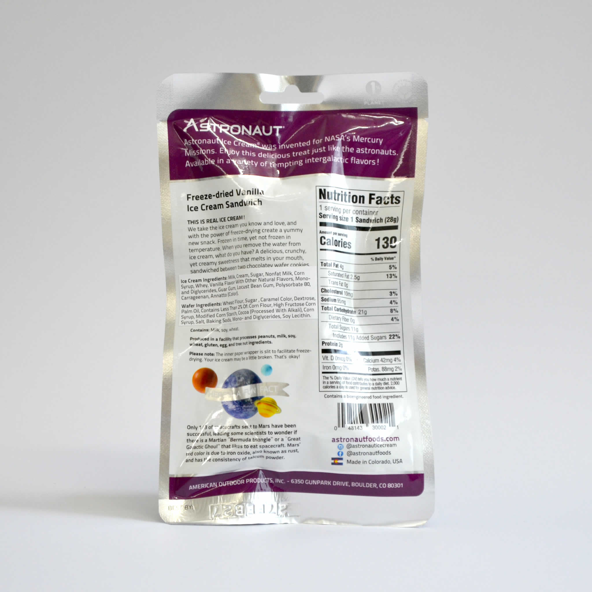 Back of the package of Astronaut ice cream