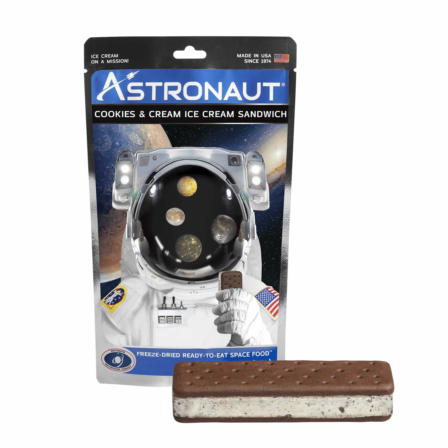 Astronaut Ice Cream packaging with a Cookies and Cream Ice Cream bar in front