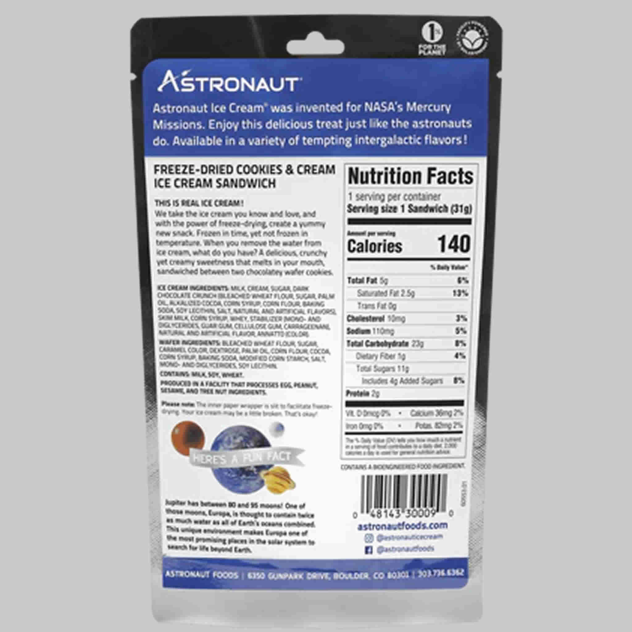 Back of Astronaut Ice Cream sandwich package showing ingredients