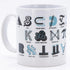 White mug with Mathematical Characters in blue and grey on it