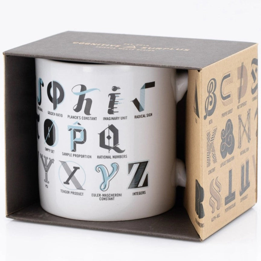 White mug with Mathematical Characters in blue and grey on it - shown in it&