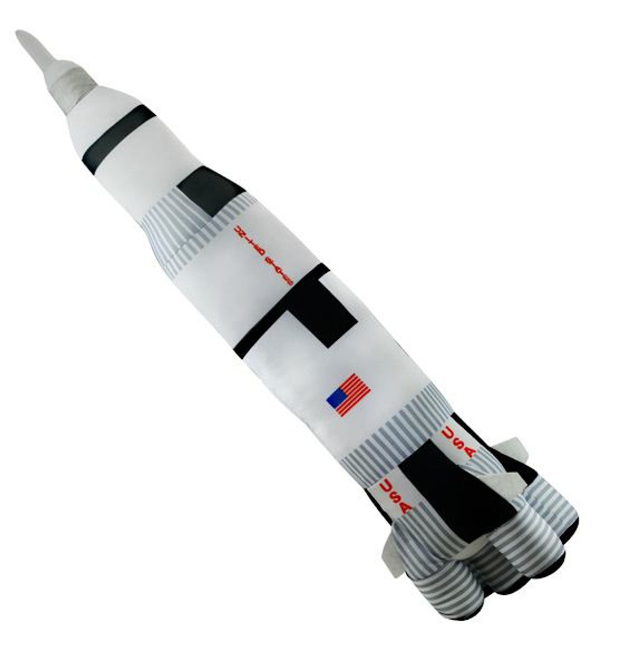 White and black plush NASA rocket on white background