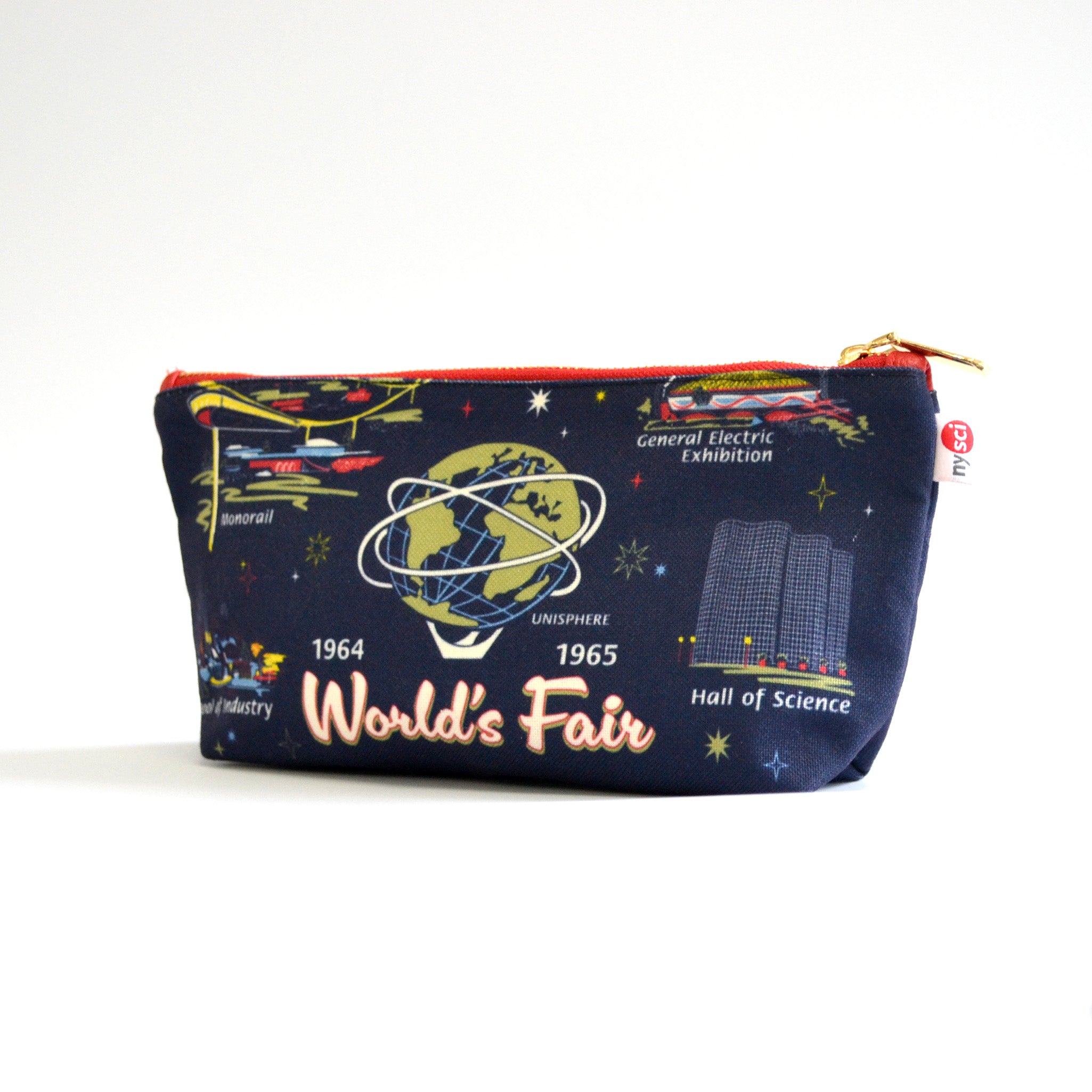 Navy zipper pouch with images of Worlds Fair buildings on a white background