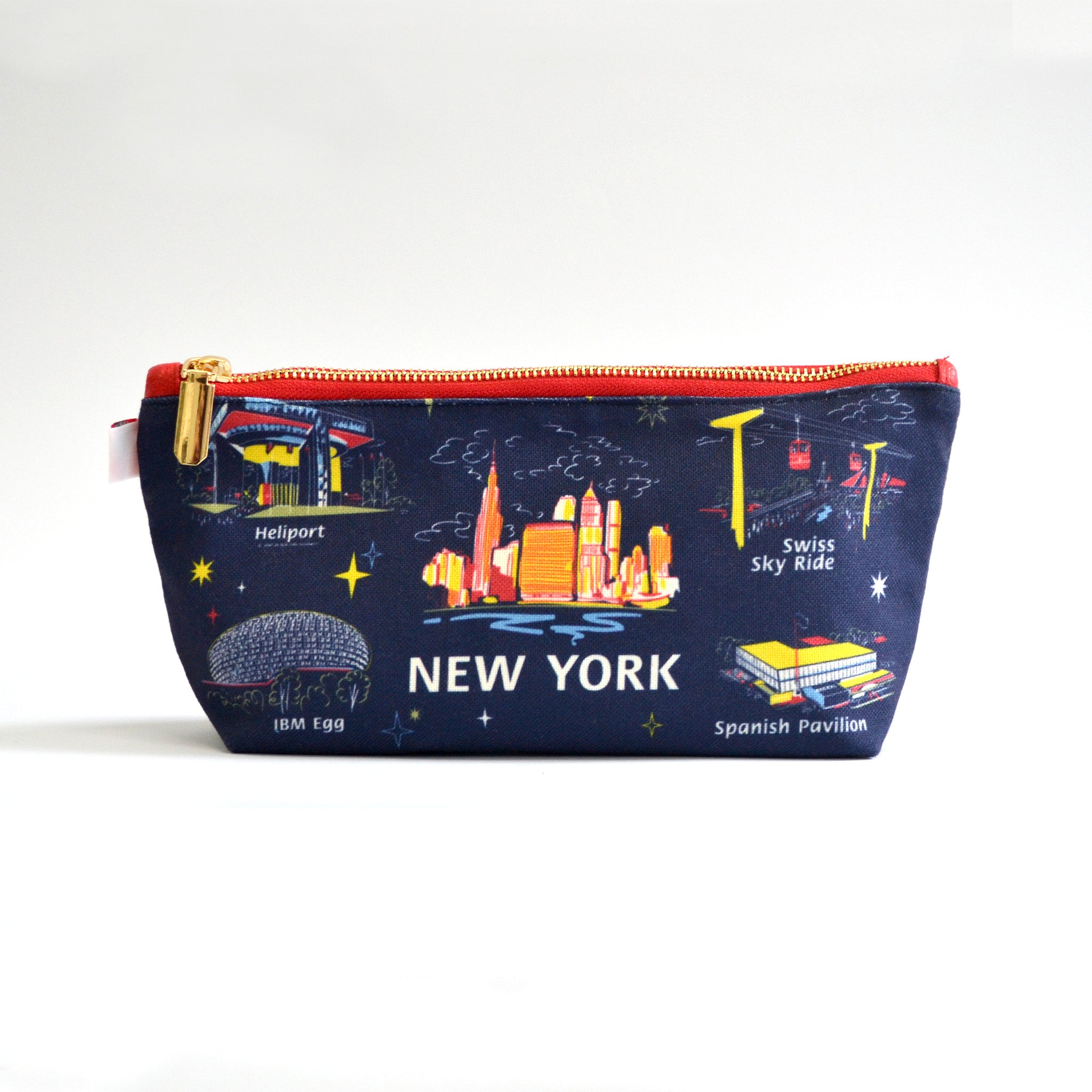 Navy zipper pouch with images of Worlds Fair buildings on a white background