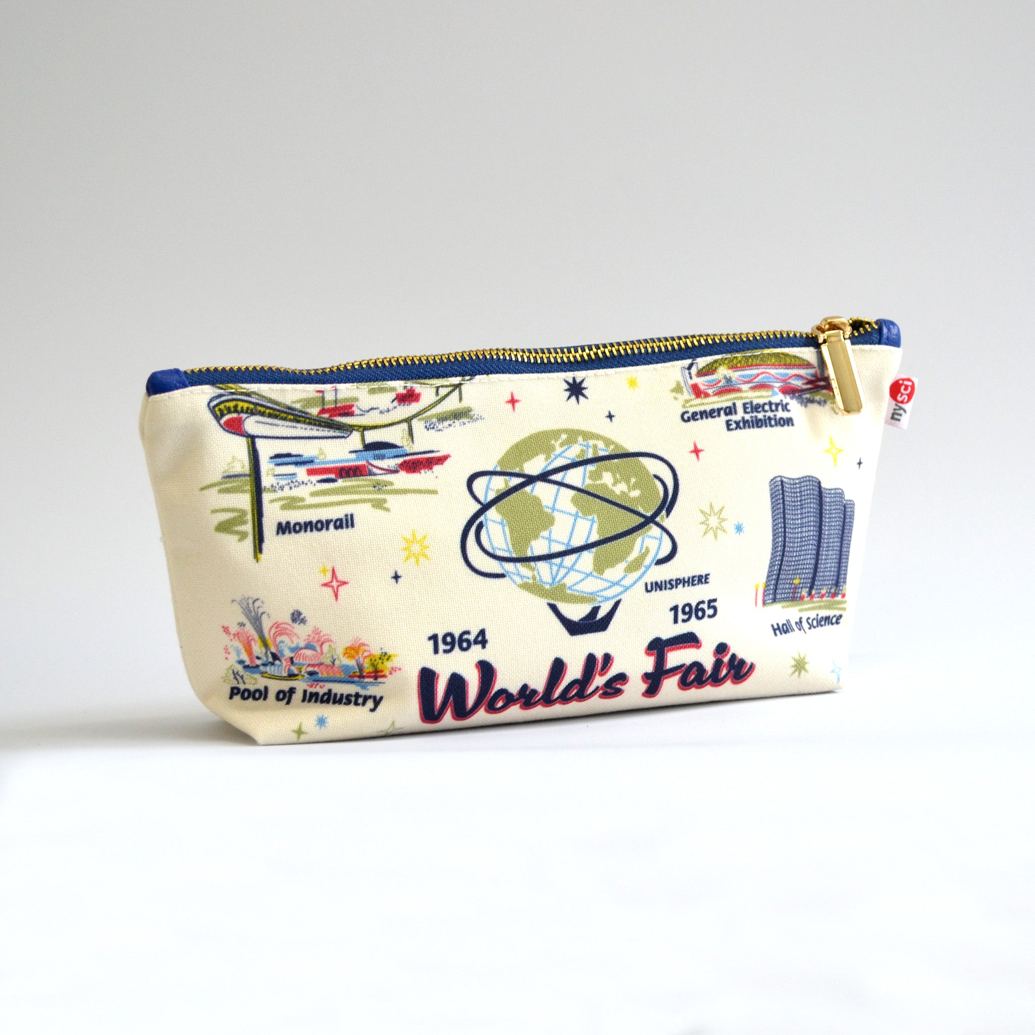White zipper pouch with images of Worlds Fair buildings on a white background