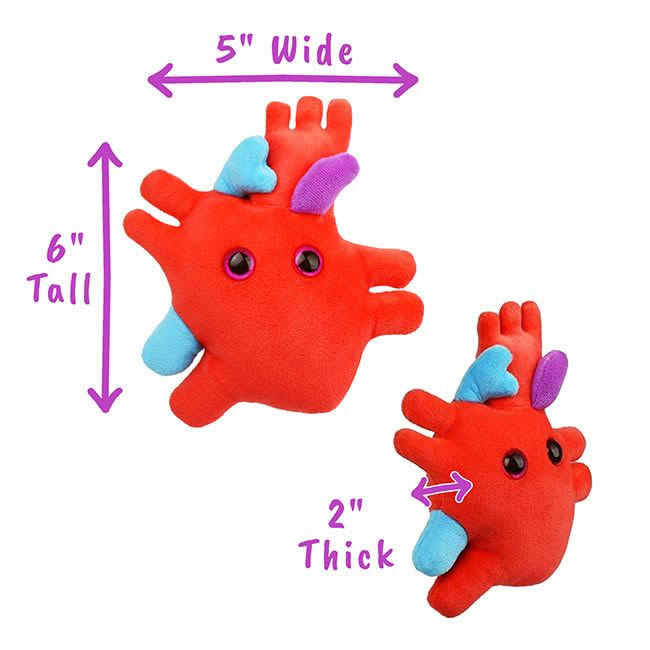 Red plush heart toy with eyes showing measurements of 5 inches x 6 inches x 2 inches