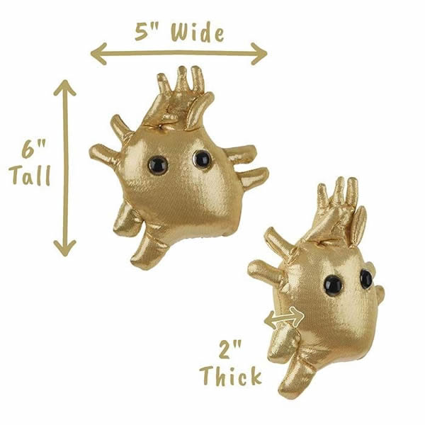 Gold colored plush heart toy with eyes showing measurements of 5 inches x 6 inches x 2m inches