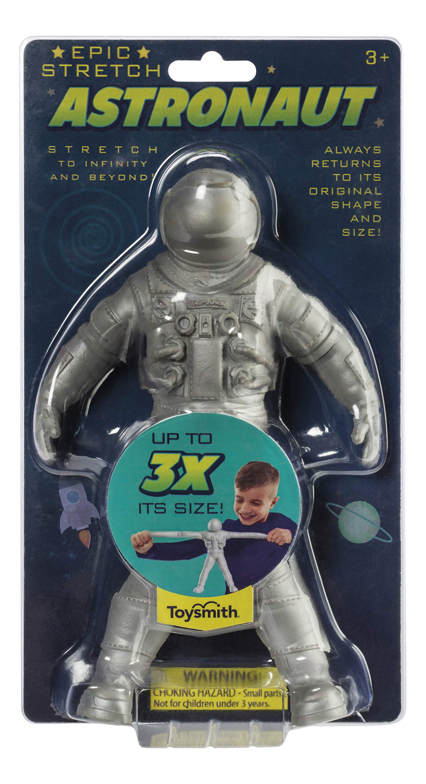 Silver astronaut in packaging showing Stretch features up to 3x size