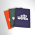three  notebooks, colors orange, Green and blue labeled CityWorks on a white background 