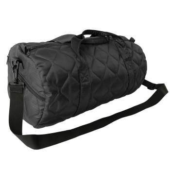 Angle view of black duffel bag with shoulder strap