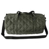 Side view of dark green duffel bag with shoulder strap in front