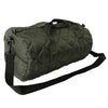 Side view of green duffel bag with long shoulder strap