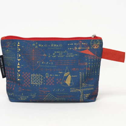 Closed Blue pencil case with math equasions on it - side view with red zipper at top