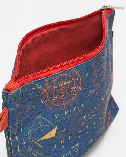 Blue pencil case with math equasions on it - red inside and red zipper and it&