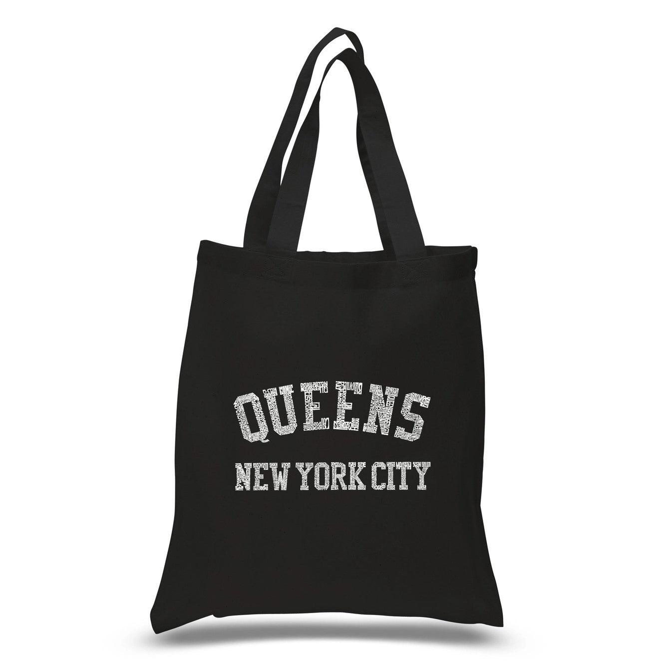 black tote bag with design of Words, Queens, New York City on black background as design. Letters made up of words of Queens neighborhoods