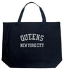 Black tote-bag with design: Words, Queens, New York City on black background as design. Letters made up of words of Queens neighborhoods