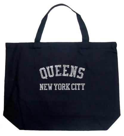 Black tote-bag with design: Words, Queens, New York City on black background as design. Letters made up of words of Queens neighborhoods