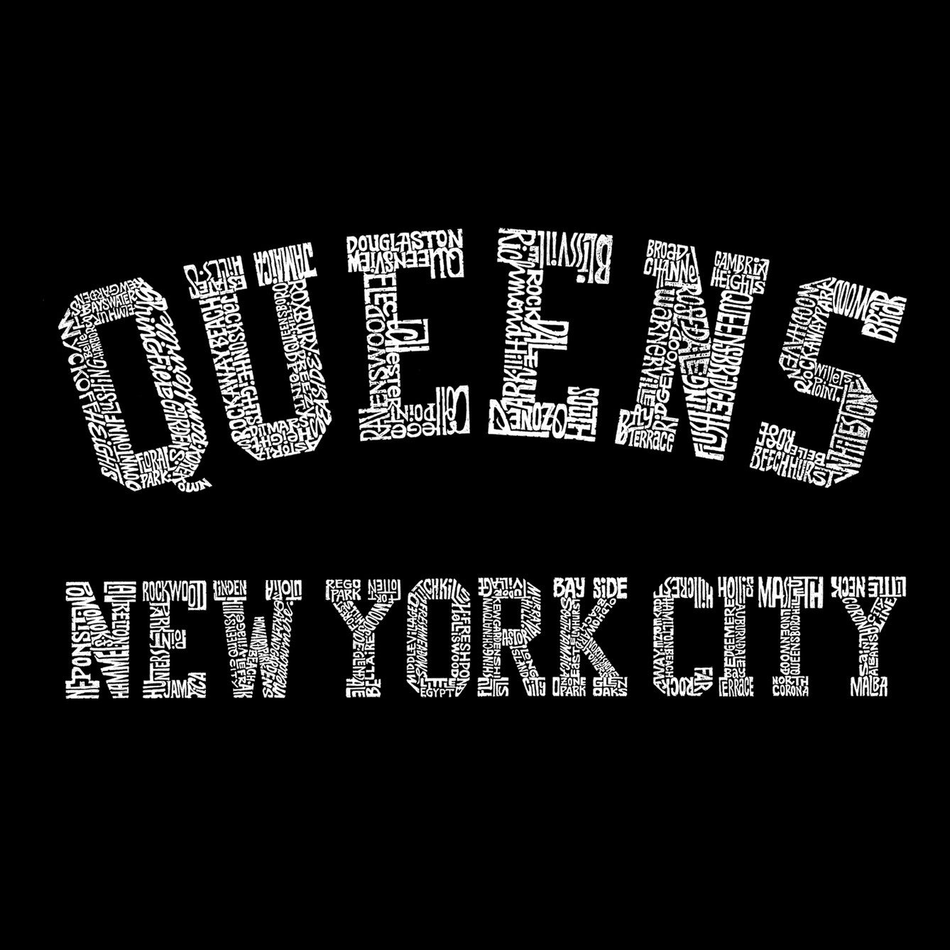 Words, Queens, New York City on black background as design. Letters made up of words of Queens neighborhoods