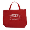 Red tote bag with design of Words, Queens, New York City on red background as design. Letters made up of words of Queens neighborhoods