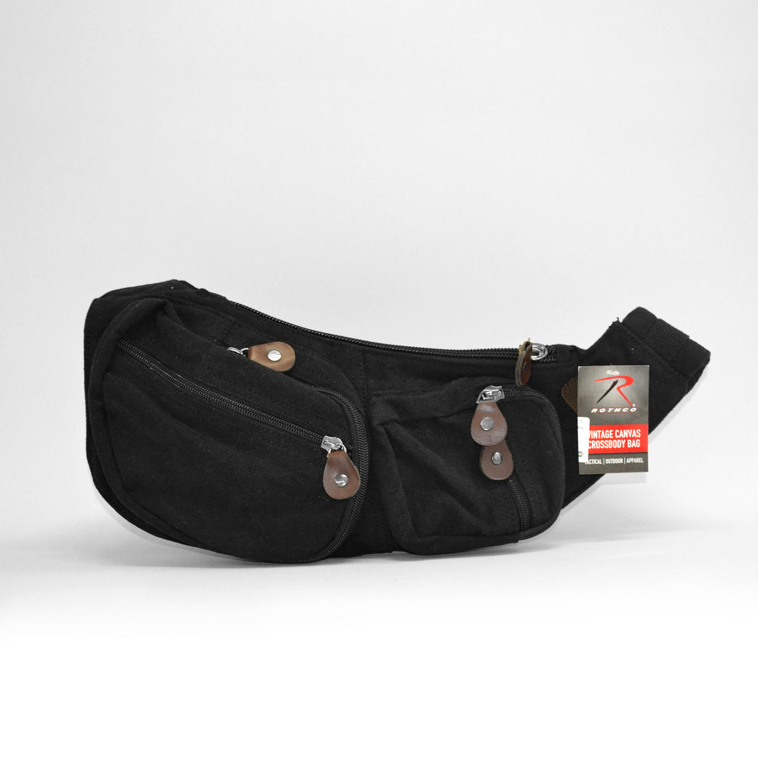 Black crossbody bag with a small medium and large pocket. Front facing image