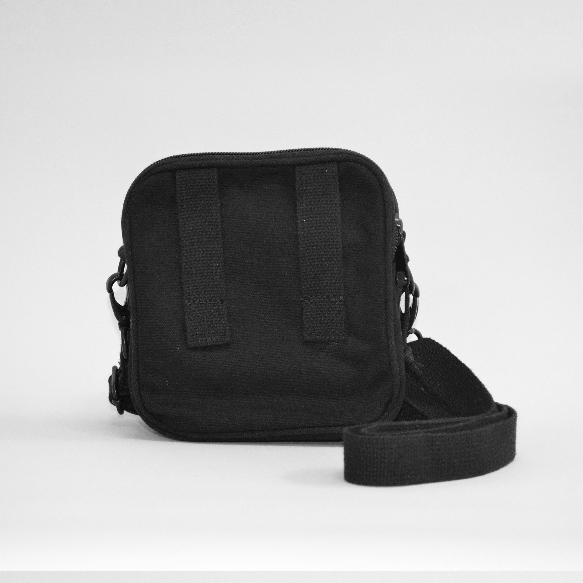 Small black bag facing away from the screen with an adjustable strap shown.