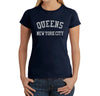 Navy blue t-shirt with design of Words, Queens, New York City on black background as design. Letters made up of words of Queens neighborhoods