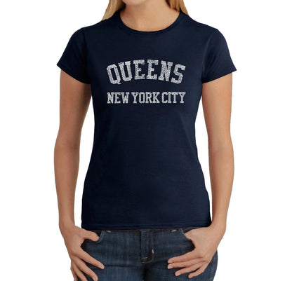 Navy blue t-shirt with design of Words, Queens, New York City on black background as design. Letters made up of words of Queens neighborhoods