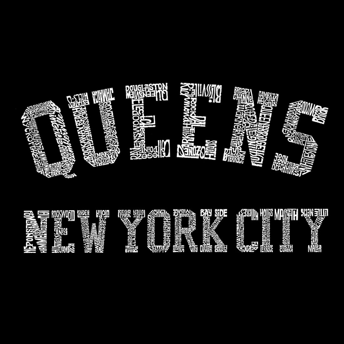 Words, Queens, New York City on black background as design. Letters made up of words of Queens neighborhoods