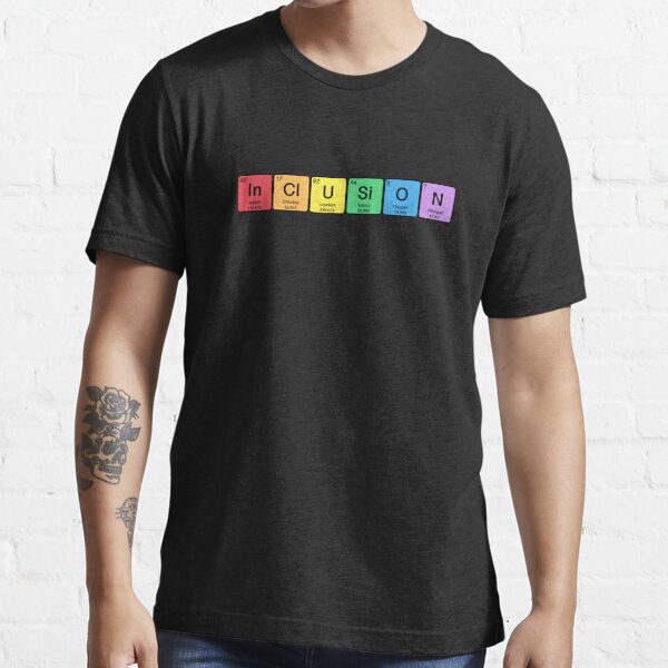 Black shirt on a youth with elemental letters spelling out in-cl-u-si-o-n
